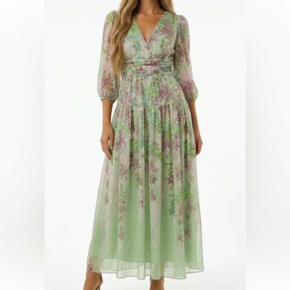 Danny & Nicole Floral V-Neck Maxi Dress in Pastel Green